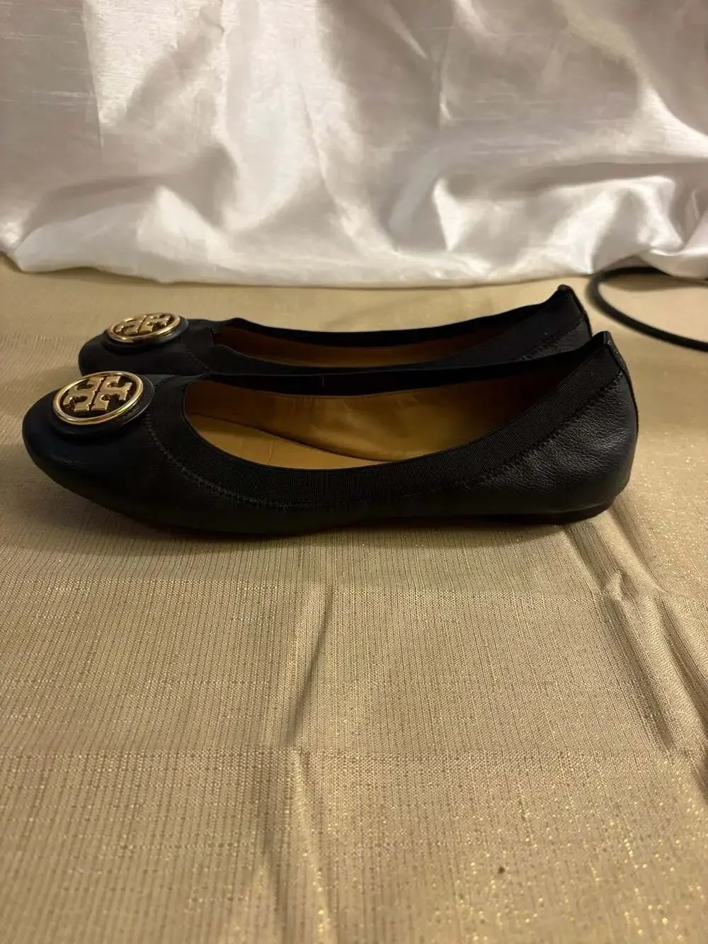 Tory Burch Black Leather Caroline Logo Emblem Ballet Flats